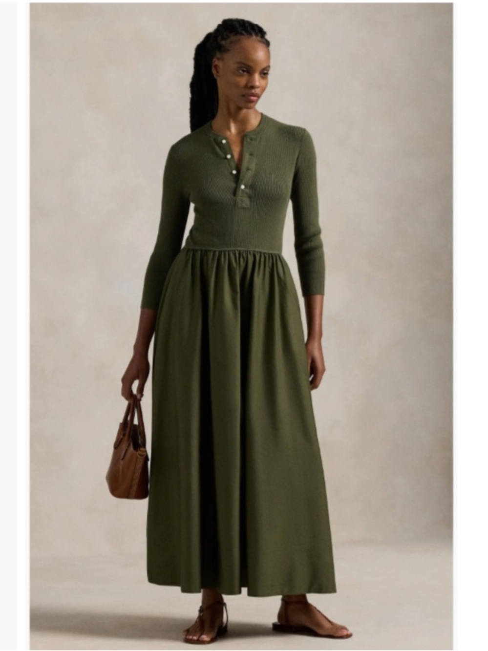 Polo Ralph Lauren Henley Long Sleeve Mixed Media Maxi Dress Olive Green Size XXL